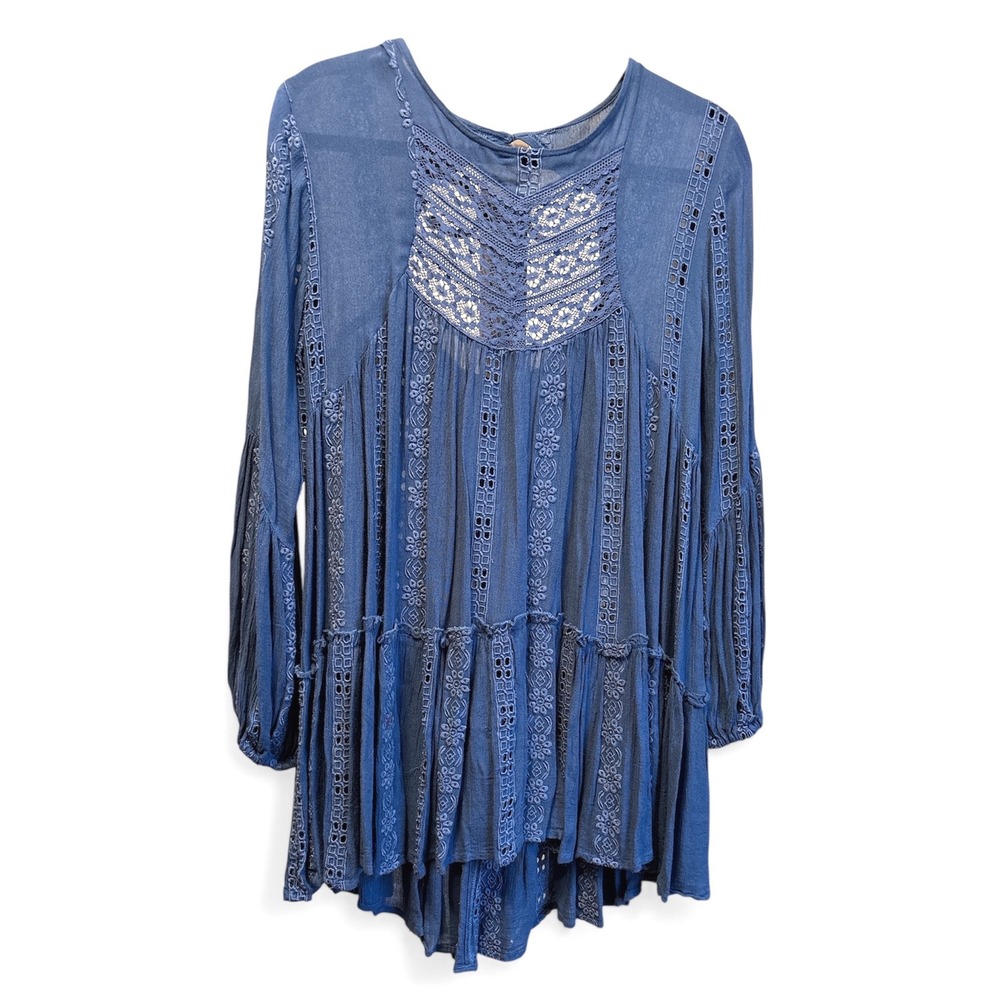 Free People Kiss Kiss Blue Prairie Lace Embroidered Flowy Boho Top Small - Picture 2 of 9